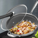 34cm Stainless Steel Cooking Wok Pan - Non-Stick Coated Frying Pan with Tempered Glass Lid - Healthy Fry Pan for Chinese Cooking
