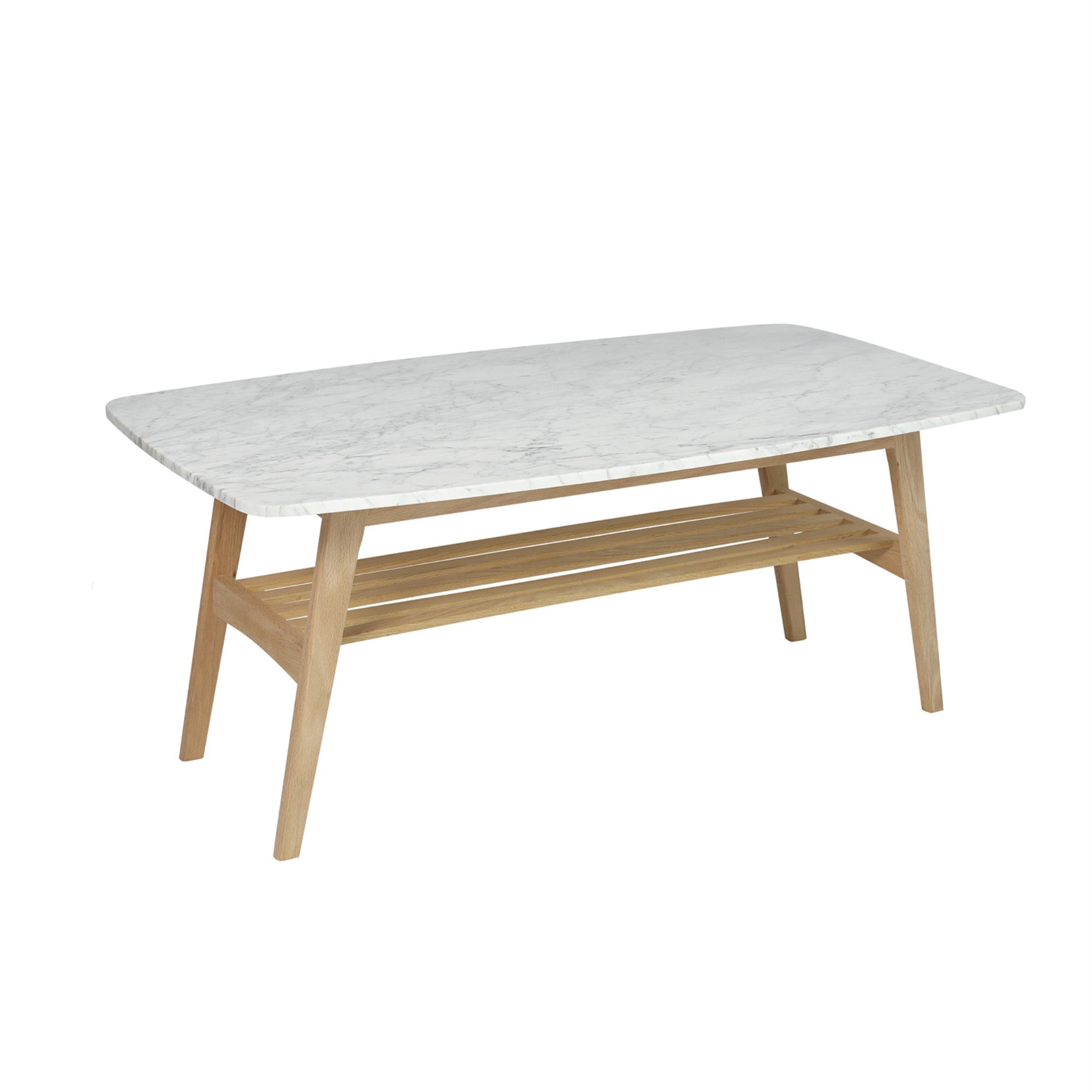 Laura 43 Rectangular Italian Carrara White Marble Coffee Table With Oak Shelf