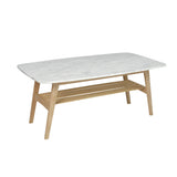 Laura 43 Rectangular Italian Carrara White Marble Coffee Table With Oak Shelf