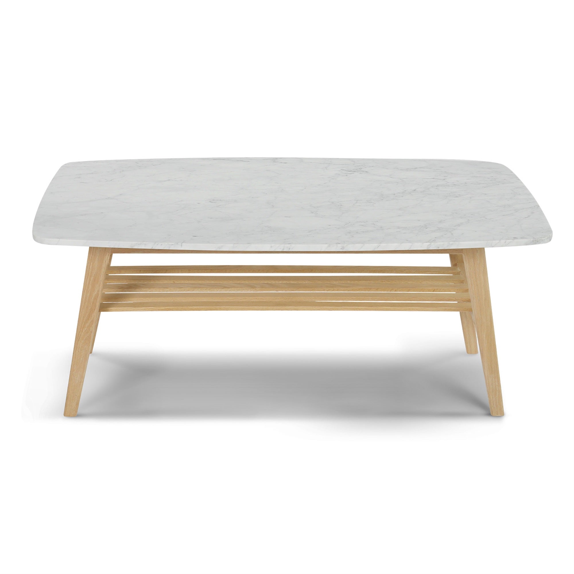 Laura 43 Rectangular Italian Carrara White Marble Coffee Table With Oak Shelf