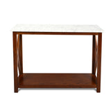 Agatha 39 Rectangular Italian Carrara White Marble Console Table With Walnut Color Solid Wood Legs