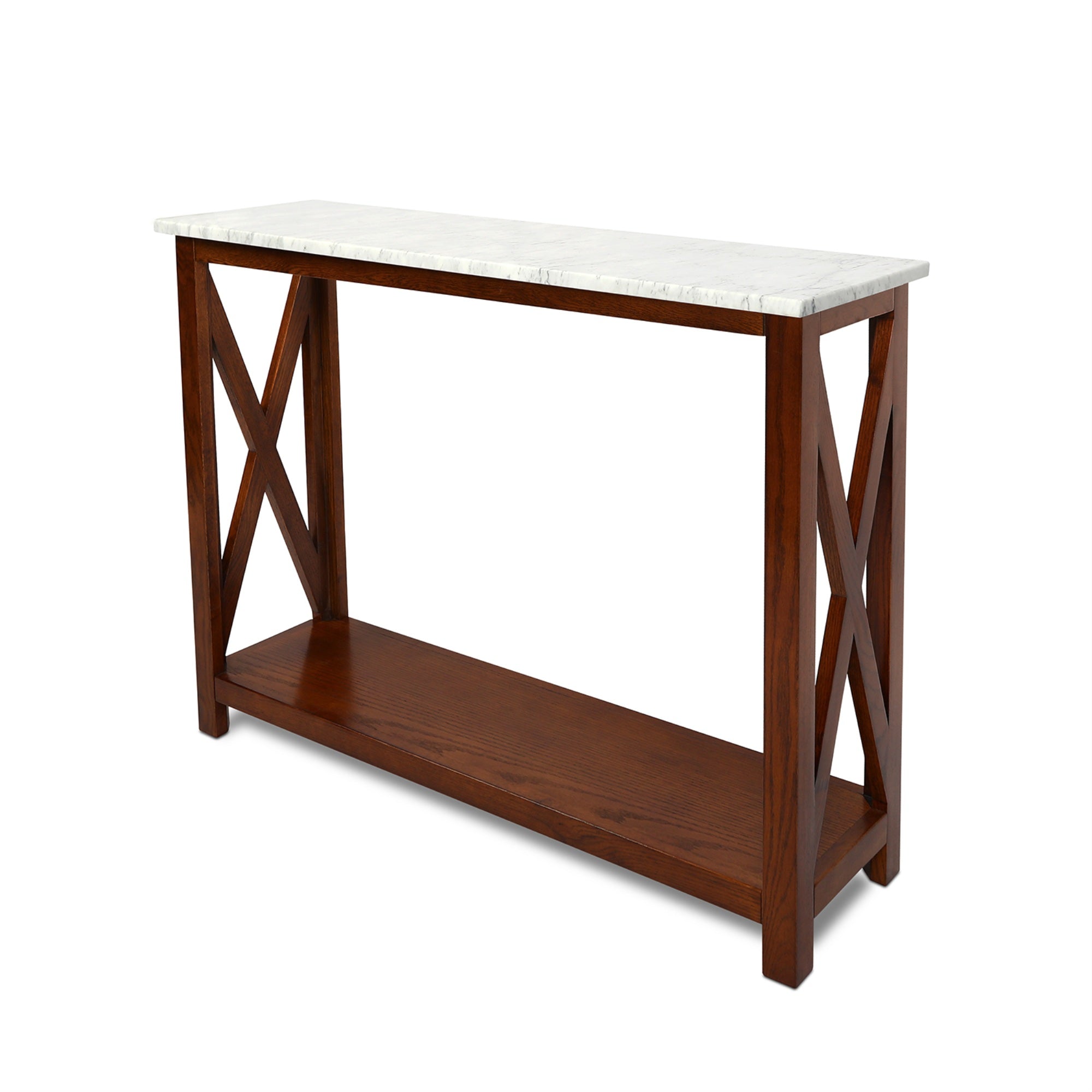 Agatha 39 Rectangular Italian Carrara White Marble Console Table With Walnut Color Solid Wood Legs