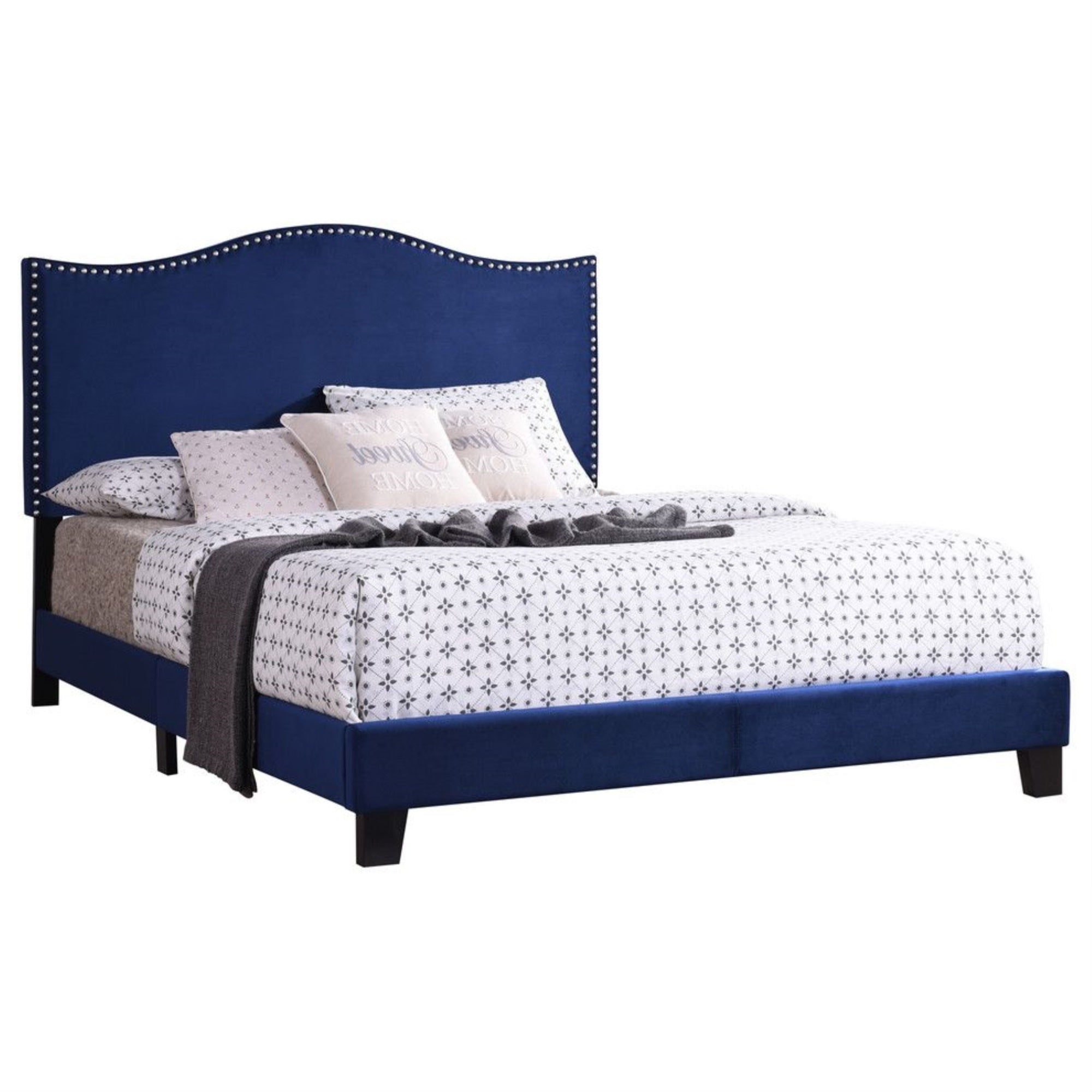 Skye Upholstered Panel Bed, Blue Velvet, Full, With Solid Wood Legs, Nailhead Headboard, Footboard, Rails, Slats