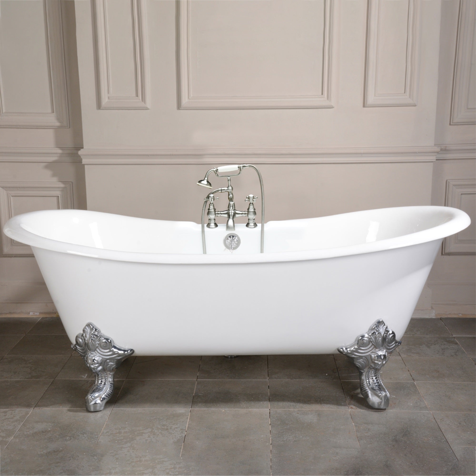 Aqua Eden Vct7Ds7231Nl1 72-Inch Cast Iron Double Slipper Clawfoot Tub With 7-Inch Faucet Drillings, White/Polished Chrome