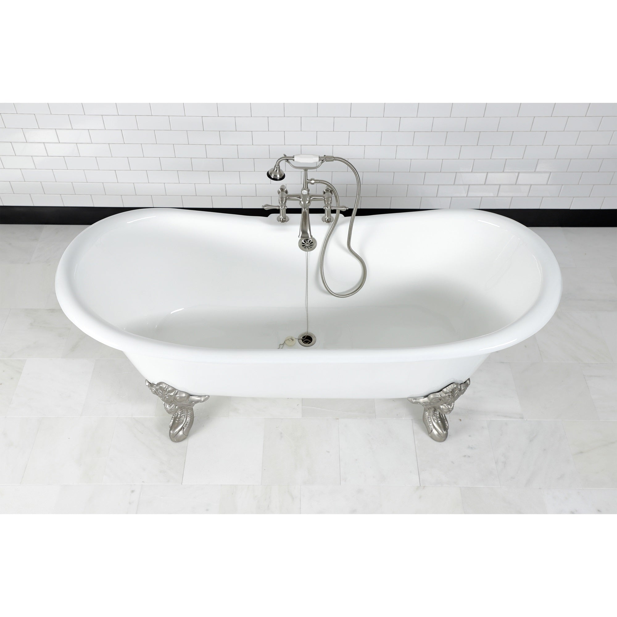 Aqua Eden Vct7Ds7231Nl8 72-Inch Cast Iron Double Slipper Clawfoot Tub With 7-Inch Faucet Drillings, White/Brushed Nickel