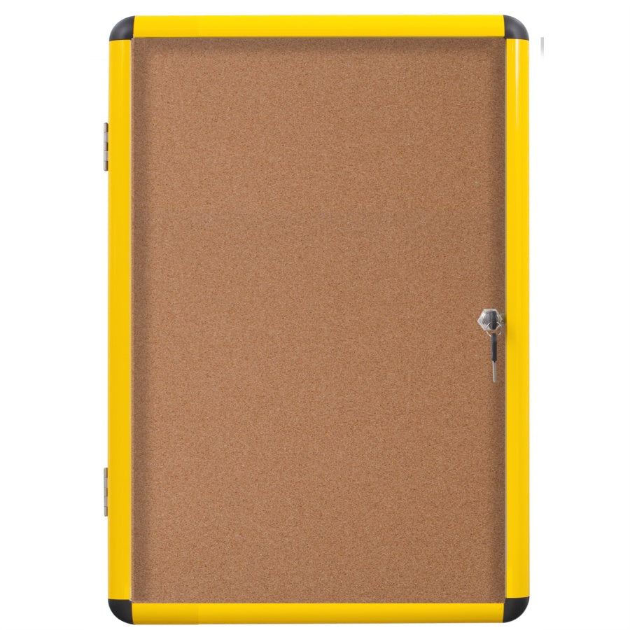 Industrial Cork Bulletin Enclosed Board Cabinet, Single Swing Door, Yellow Aluminum Frame, 28 X 38.25,