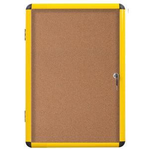 Industrial Cork Bulletin Enclosed Board Cabinet, Single Swing Door, Yellow Aluminum Frame, 28 X 38.25,