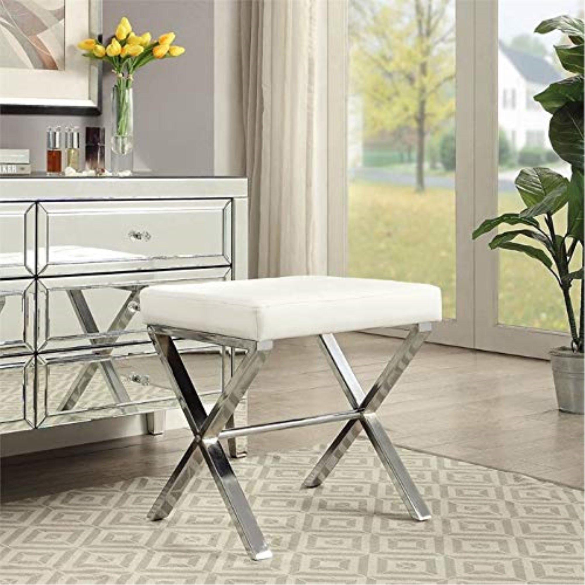 Elisabetta Vanity Bench, White, Chrome