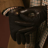 Violetta (dark brown) - Italian tweed women's gloves with touchscreen capability and adjustable snap button