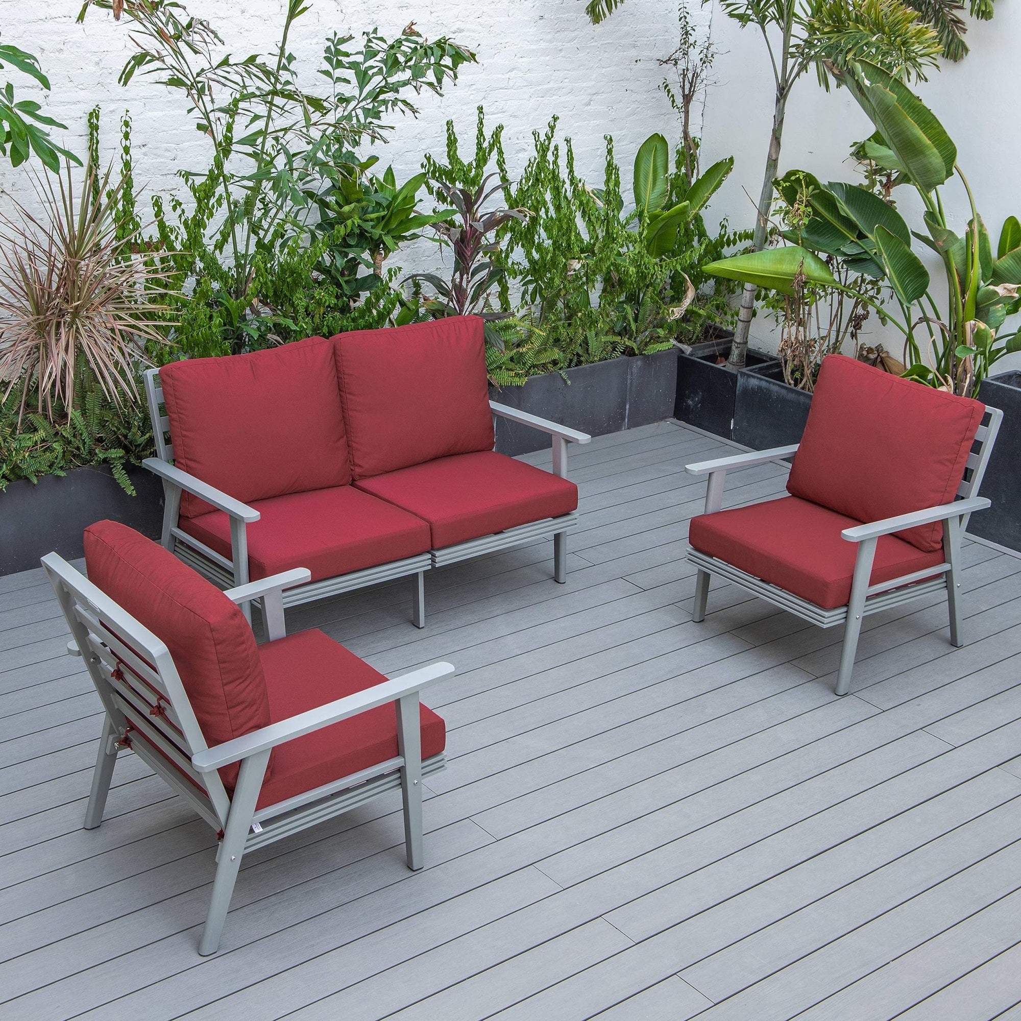 Leisuremod Walbrooke Modern 3-Piece Outdoor Patio Set With Grey Aluminum Frame And Removable Cushions Loveseat And Armchairs For