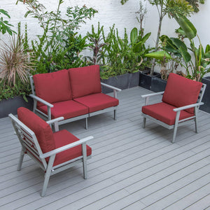 Leisuremod Walbrooke Modern 3-Piece Outdoor Patio Set With Grey Aluminum Frame And Removable Cushions Loveseat And Armchairs For