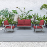 Leisuremod Walbrooke Modern 3-Piece Outdoor Patio Set With Grey Aluminum Frame And Removable Cushions Loveseat And Armchairs For