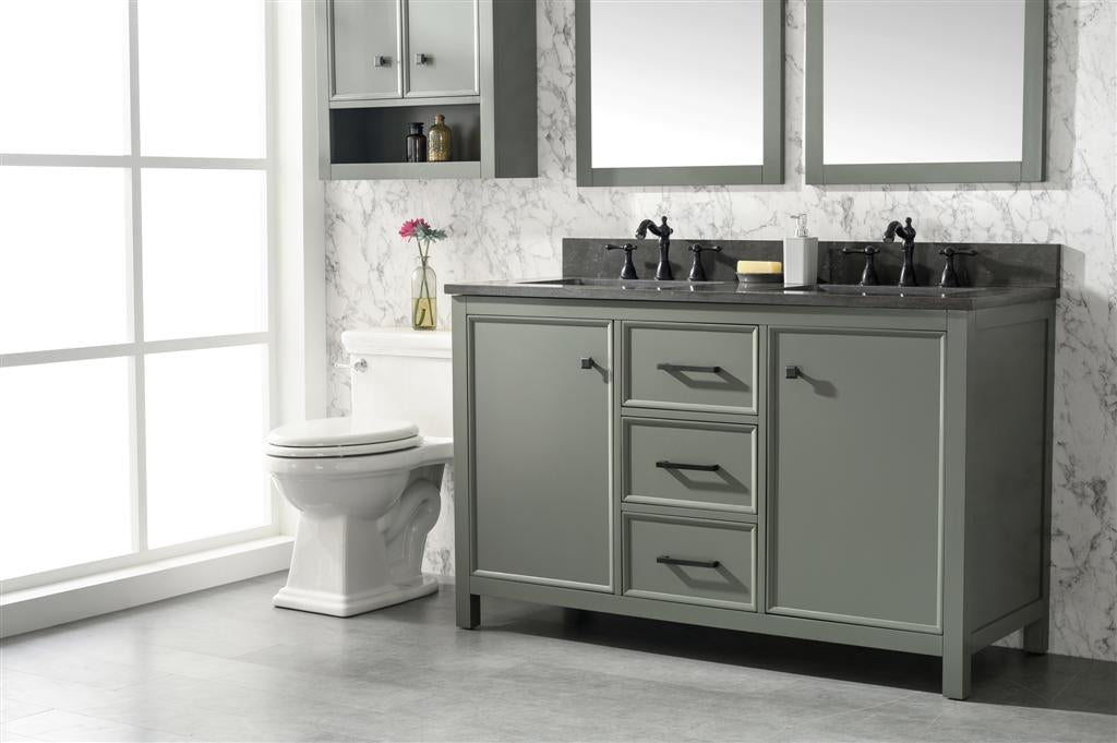 54 Pewter Green Finish Double Sink Vanity Cabinet With Blue Lime Stone Top