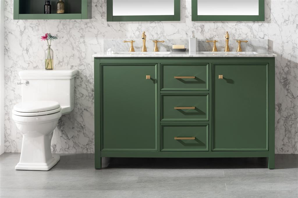 54 Vogue Green Finish Double Sink Vanity Cabinet With Carrara White Top