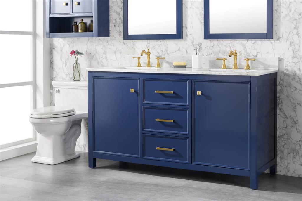 60 Blue Finish Double Sink Vanity Cabinet With Carrara White Top