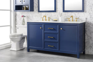 60 Blue Finish Double Sink Vanity Cabinet With Carrara White Top