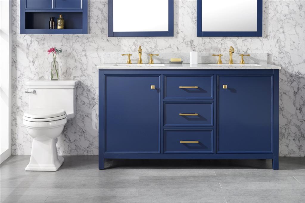 60 Blue Finish Double Sink Vanity Cabinet With Carrara White Top