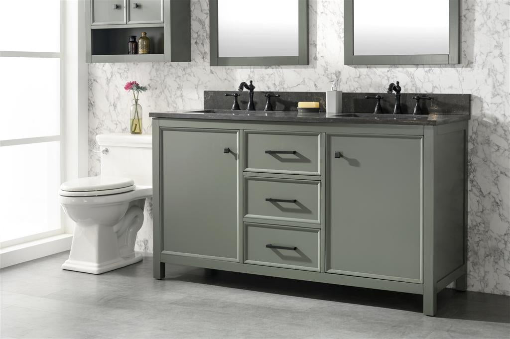 60 Pewter Green Finish Double Sink Vanity Cabinet With Blue Lime Stone Top