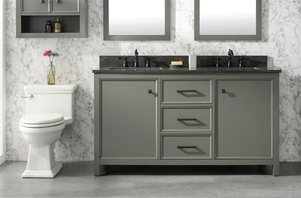 60 Pewter Green Finish Double Sink Vanity Cabinet With Blue Lime Stone Top