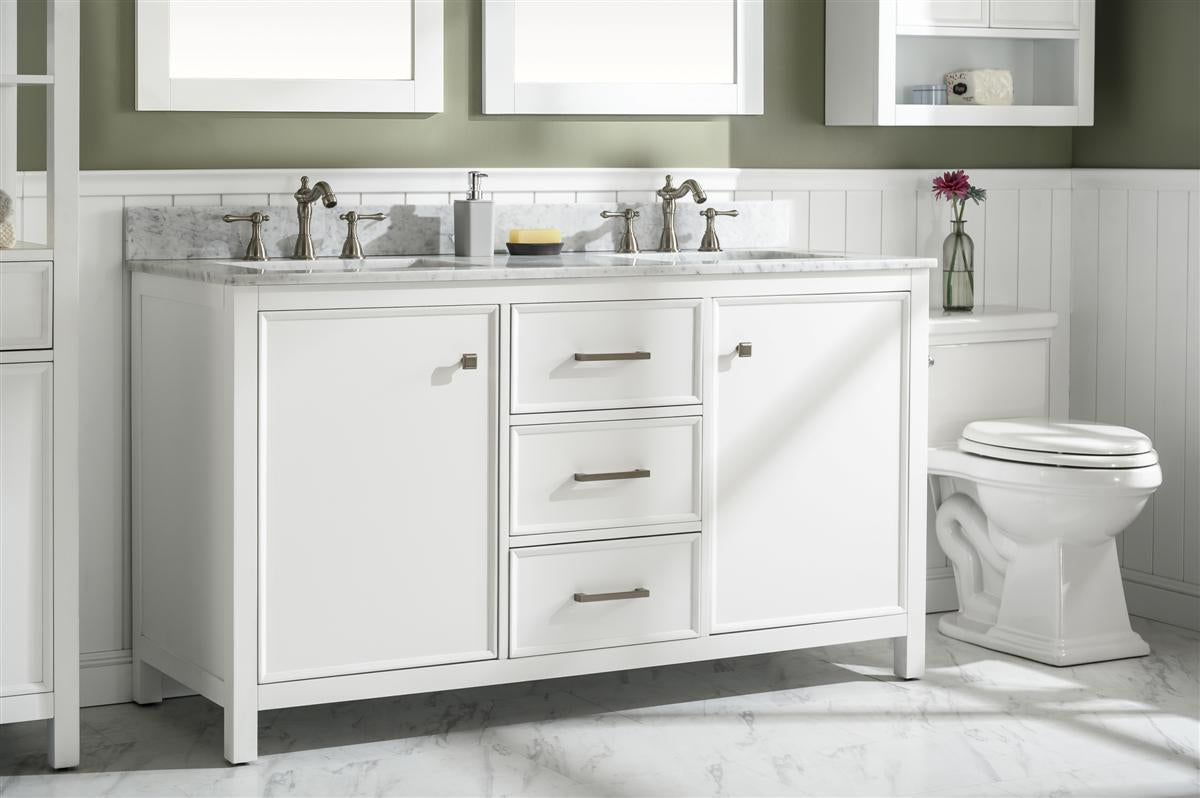 60 White Finish Double Sink Vanity Cabinet With Carrara White Top