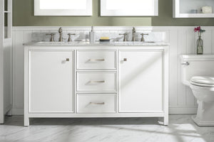 60 White Finish Double Sink Vanity Cabinet With Carrara White Top