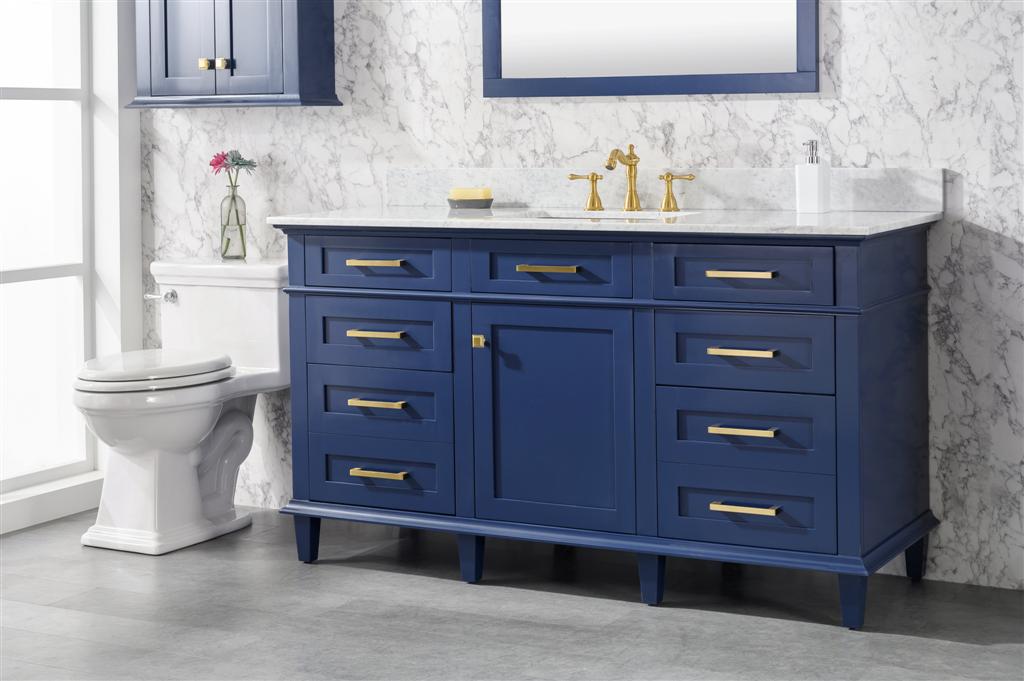 60 Blue Finish Single Sink Vanity Cabinet With Carrara White Top