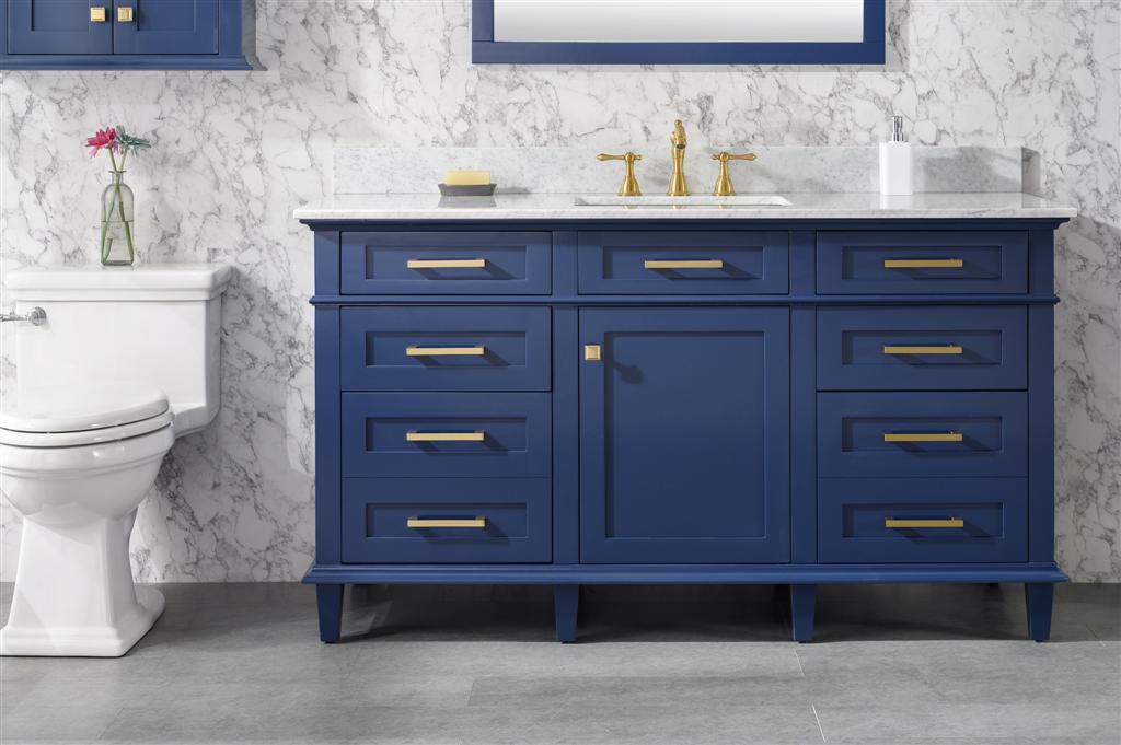 60 Blue Finish Single Sink Vanity Cabinet With Carrara White Top