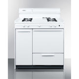36 Wide Gas Range In White With Open Burners, Storage Compartment, And Spark Ignition