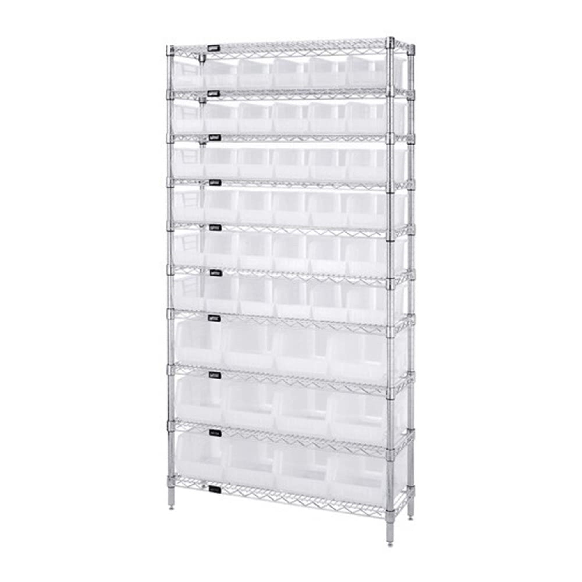 Bin System Unit, Stationary, Includes: (4) 74H Posts, (10) 36W X 14D Wire Shelves, (36) Qus230 And (12) Qus240 Clear Bins, Chrom