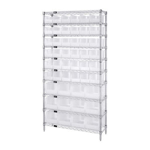 Bin System Unit, Stationary, Includes: (4) 74H Posts, (10) 36W X 14D Wire Shelves, (36) Qus230 And (12) Qus240 Clear Bins, Chrom