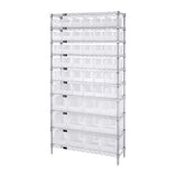 Bin System Unit, Stationary, Includes: (4) 74H Posts, (10) 36W X 14D Wire Shelves, (36) Qus230 And (12) Qus240 Clear Bins, Chrom