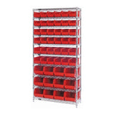 Bin System Unit, Stationary, Includes: (4) 74H Posts, (10) 36W X 14D Wire Shelves, (36) Qus230 And (12) Qus240 Red Bins, Chrome