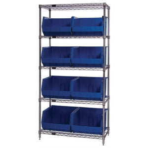 Bin Wire Shelving System, 42L X 18W X 74H, 800 Lbs Capacity Per Shelf, Includes: (5) Shelves And (8) Qus270 Green Bins, Chrome P