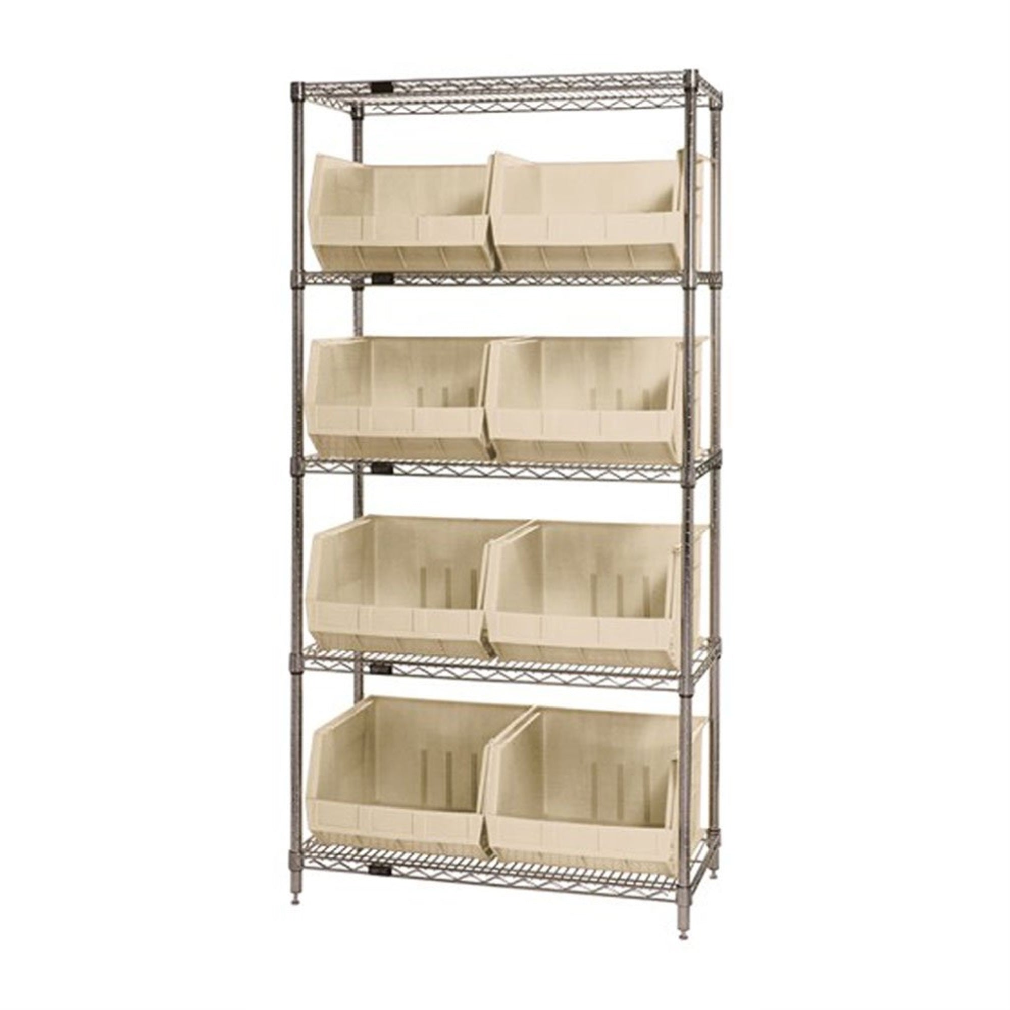 Bin Wire Shelving System, 42L X 18W X 74H, 800 Lbs Capacity Per Shelf, Includes: (5) Shelves And (8) Qus270 Ivory Bins, Chrome P