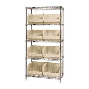 Bin Wire Shelving System, 42L X 18W X 74H, 800 Lbs Capacity Per Shelf, Includes: (5) Shelves And (8) Qus270 Ivory Bins, Chrome P