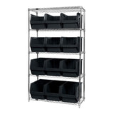 Bin Wire Shelving System, 42W X 18D X 74H, 800 Lbs Load Capacity Per Shelf, Includes: (5) Shelves And (12) Qms533 Black Bins, Ch