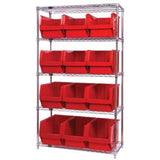 Bin Wire Shelving System, 42W X 18D X 74H, 800 Lbs Load Capacity Per Shelf, Includes: (5) Shelves And (12) Qms533 Red Bins, Chro
