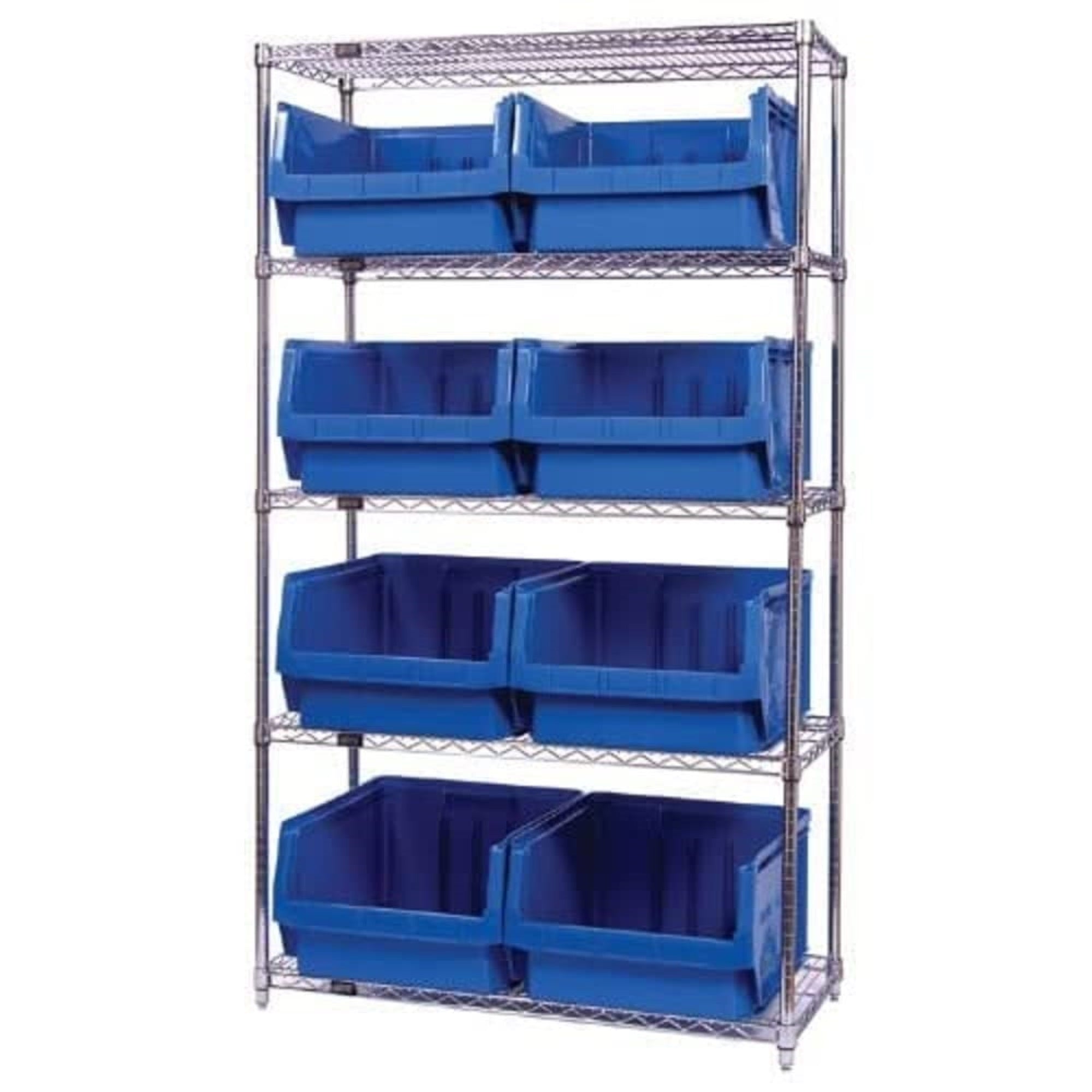 Bin Wire Shelving System, 42W X 18D X 74H, 800 Lbs Load Capacity Per Shelf, Includes: (5) Shelves And (8) Qms543 Red Bins, Chrom
