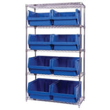 Bin Wire Shelving System, 42W X 18D X 74H, 800 Lbs Load Capacity Per Shelf, Includes: (5) Shelves And (8) Qms543 Red Bins, Chrom