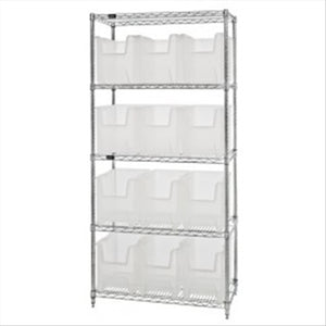Bin Wire Shelving System, 36W X 18D X 74H, 800 Lbs Load Capacity Per Shelf, Includes: (5) Shelves And (12) Qgh600 Clear Bins, Ch
