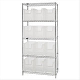 Bin Wire Shelving System, 36W X 18D X 74H, 800 Lbs Load Capacity Per Shelf, Includes: (5) Shelves And (12) Qgh600 Clear Bins, Ch