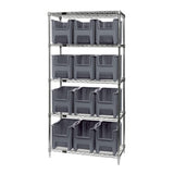 Bin Wire Shelving System, 36W X 18D X 74H, 800 Lbs Load Capacity Per Shelf, Includes: (5) Shelves And (12) Qgh600 Gray Bins, Chr