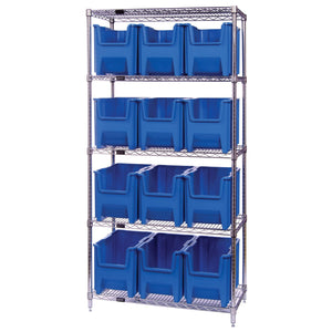 Bin Wire Shelving System, 36W X 18D X 74H, 800 Lbs Load Capacity Per Shelf, Includes: (5) Shelves And (12) Qgh600 Red Bins, Chro