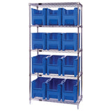 Bin Wire Shelving System, 36W X 18D X 74H, 800 Lbs Load Capacity Per Shelf, Includes: (5) Shelves And (12) Qgh600 Red Bins, Chro