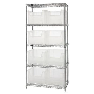 Bin Wire Shelving System, 36W X 18D X 74H, 800 Lbs Load Capacity Per Shelf, Includes: (5) Shelves And (8) Qgh800 Clear Bins, Chr