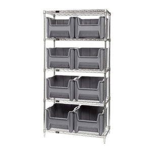Bin Wire Shelving System, 36W X 18D X 74H, 800 Lbs Load Capacity Per Shelf, Includes: (5) Shelves And (8) Qgh800 Gray Bins, Chro