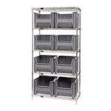 Bin Wire Shelving System, 36W X 18D X 74H, 800 Lbs Load Capacity Per Shelf, Includes: (5) Shelves And (8) Qgh800 Gray Bins, Chro