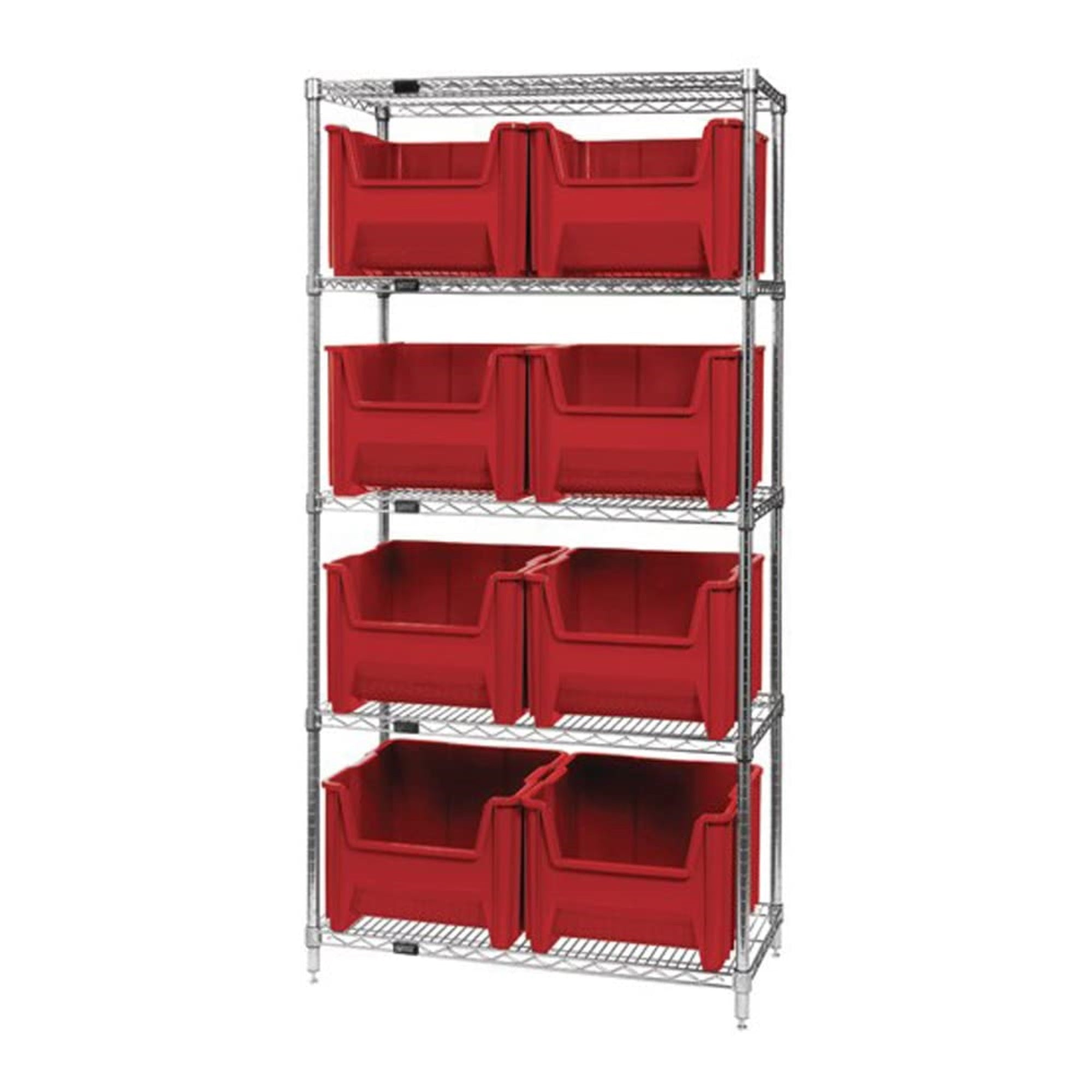 Bin Wire Shelving System, 36W X 18D X 74H, 800 Lbs Load Capacity Per Shelf, Includes: (5) Shelves And (8) Qgh800 Red Bins, Chrom