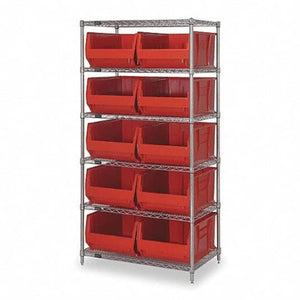 Bin Wire Shelving System, 42W X 30D X 74H, 800 Lbs Load Capacity Per Shelf, Includes: (5) Shelves And (8) Qus975 Red Bins, Chrom