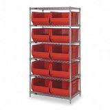 Bin Wire Shelving System, 42W X 30D X 74H, 800 Lbs Load Capacity Per Shelf, Includes: (5) Shelves And (8) Qus975 Red Bins, Chrom